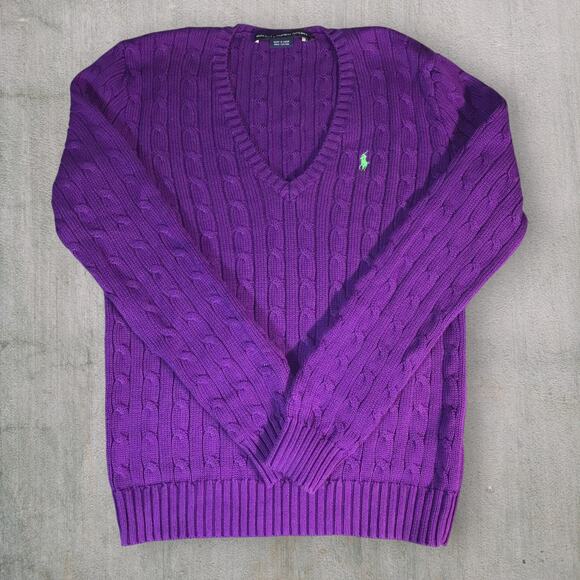 Ralph Lauren Sport Purple Cable Knit V-Neck Sweater Women’s Large Green Pony - Picture 1 of 7